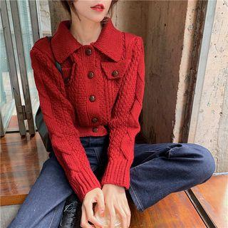 Collared Cropped Cable Knit Cardigan