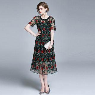 Short-sleeve Embroidered Midi A-line Mesh Cocktail Dress