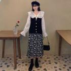 Bell-sleeve Collared Blouse / Plain Knit Vest / High-waist Floral Midi Skirt