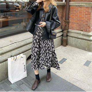 Faux-leather Jacket / Floral V-neck Long-sleeve Dress