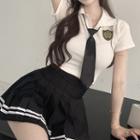 Short-sleeve Polo Shirt / Tie / Pleated Mini Skirt / Set