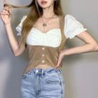 Mock Two-piece Puff-sleeve Two-tone Top