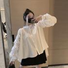 Shirred Long-sleeve Loose-fit Blouse White - One Size