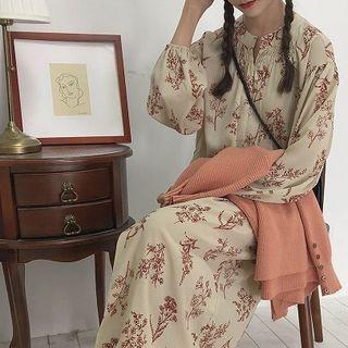 Long-sleeve Floral Print Midi Dress Zr1089 - Almond - One Size