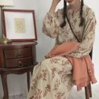 Long-sleeve Floral Print Midi Dress Zr1089 - Almond - One Size
