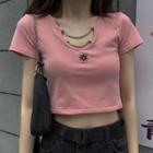 Flower Embroidered Chain Detail Short-sleeve T-shirt Pink - One Size