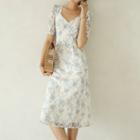 Short-sleeve Floral Print Midi Lace Dress