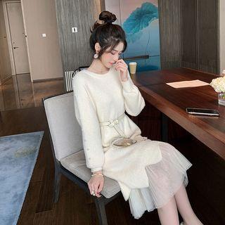 Panel Hem Beaded Round Neck Midi Dress