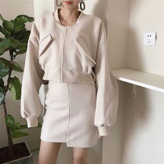 Set: Buttoned Puff-sleeve Jacket + Asymmetrical Mini H-line Skirt