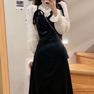 Long-sleeve Lace Top / Spaghetti Strap Midi A-line Velvet Dress