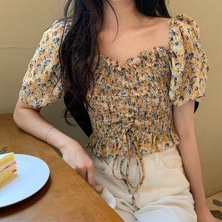 Puff-sleeve Off-shoulder Floral Drawstring Top