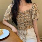 Puff-sleeve Off-shoulder Floral Drawstring Top