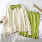 Set: Ruffled-trim Knit Polo Shirt + Pencil Skirt