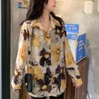 Long-sleeve Floral-pattern Chiffon Shirt Almond - One Size