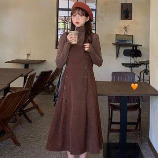 Turtleneck Long-sleeve Top / Button Detail Midi A-line Spaghetti Strap Dress