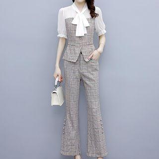 Set: Short-sleeve Houndstooth Top + Boot-cut Pants