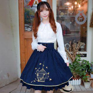 Embroidered Pinstriped A-line Midi Skirt