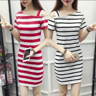 Short-sleeve Cold Shoulder Striped Mini Fitted T-shirt Dress