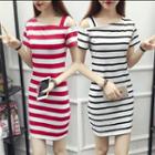Short-sleeve Cold Shoulder Striped Mini Fitted T-shirt Dress