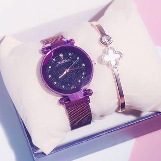 Set: Diamond-cut Milanese Strap Watch + Clover Bangle