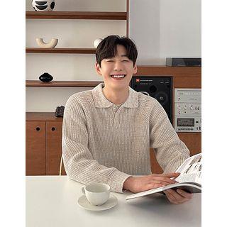 Raglan-sleeve Collared Rib-knit Top