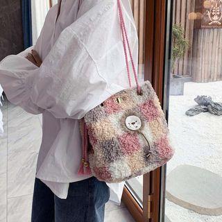 Checked Faux Shearling Tote Bag