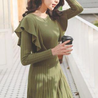 Long-sleeve Ruffled Knit A-line Midi Dress