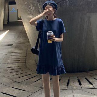 Plain Crewneck Ruffle Trim Dress