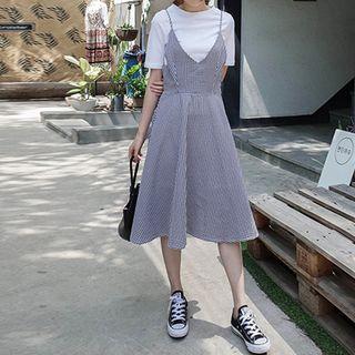 Set: Spaghetti-strap Gingham Dress + T-shirt