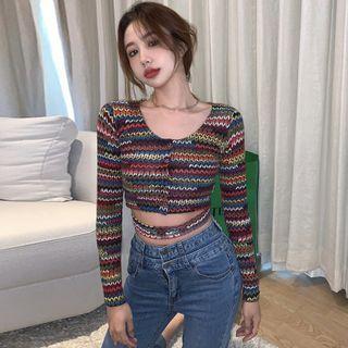 Long-sleeve Striped Cropped Top Stripes - Multicolor - One Size