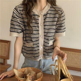 Short-sleeve Striped Cardigan Stripe - Black & Khaki - One Size