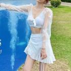 Set: Printed-sleeve Swim Top + Drawstring Swim Skirt