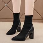 Velvet Block-heel Pointed Short Boots