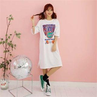 3/4-sleeve Printed Midi T-shirt Dress