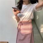 Crew-neck Elbow-sleeve Top / Plaid Midi Skirt