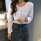Long-sleeve Dual-pocket T-shirt White - One Size