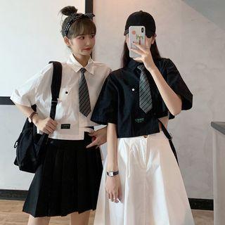 Neck Tie Shirt / Pleated Skirt / Midi A-line Skirt