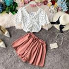 Set: Short-sleeve Heart Patterned Top + Wide Leg Shorts