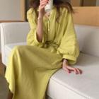 Long-sleeve Tie-waist Midi A-line Dress Yellow - One Size