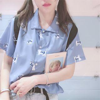 Cat Printed Short-sleeve Blouse Blue - One Size