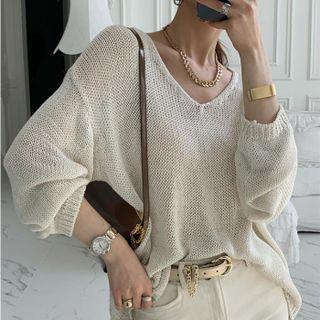 V Neck Plain Long Sleeve Knitted Top As Shown In Figure - One Size