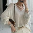 V Neck Plain Long Sleeve Knitted Top As Shown In Figure - One Size