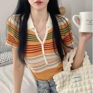 Short-sleeve Striped Collared Crop Top