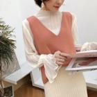 Set: Crinkle Chiffon Long-sleeve Blouse + Vest