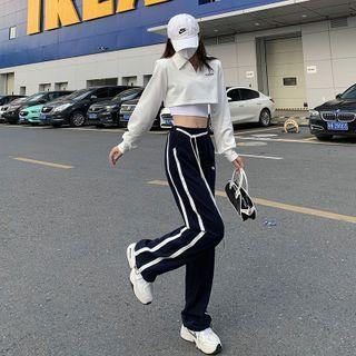 Long-sleeve Collared Top / Two Tone Straight Leg Pants
