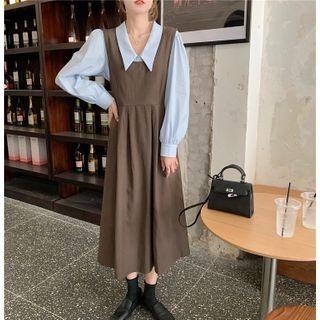 Lantern-sleeve Plain Shirt / Plain Pinafore Dress