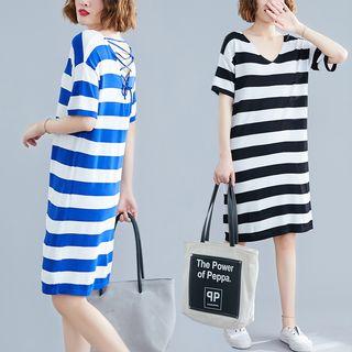 Short-sleeve Striped Lace-up Knit Dress