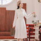Plain Tie-waist Long Sleeve Dress