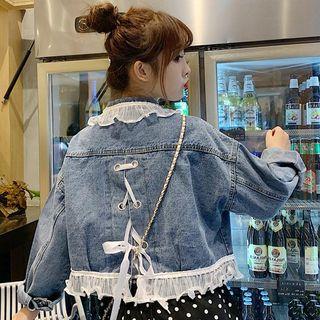 Lace Up Chiffon Panel Denim Jacket