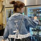 Lace Up Chiffon Panel Denim Jacket